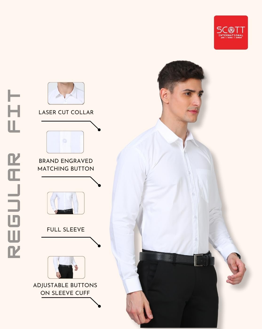 Scott International Men's Formal Shirt | Full Sleeve Wrinkle Resistant Cotton Blend | Spread Collar Regular Fit | Office, Business & Casual Wear | Solid Plain - Image 3