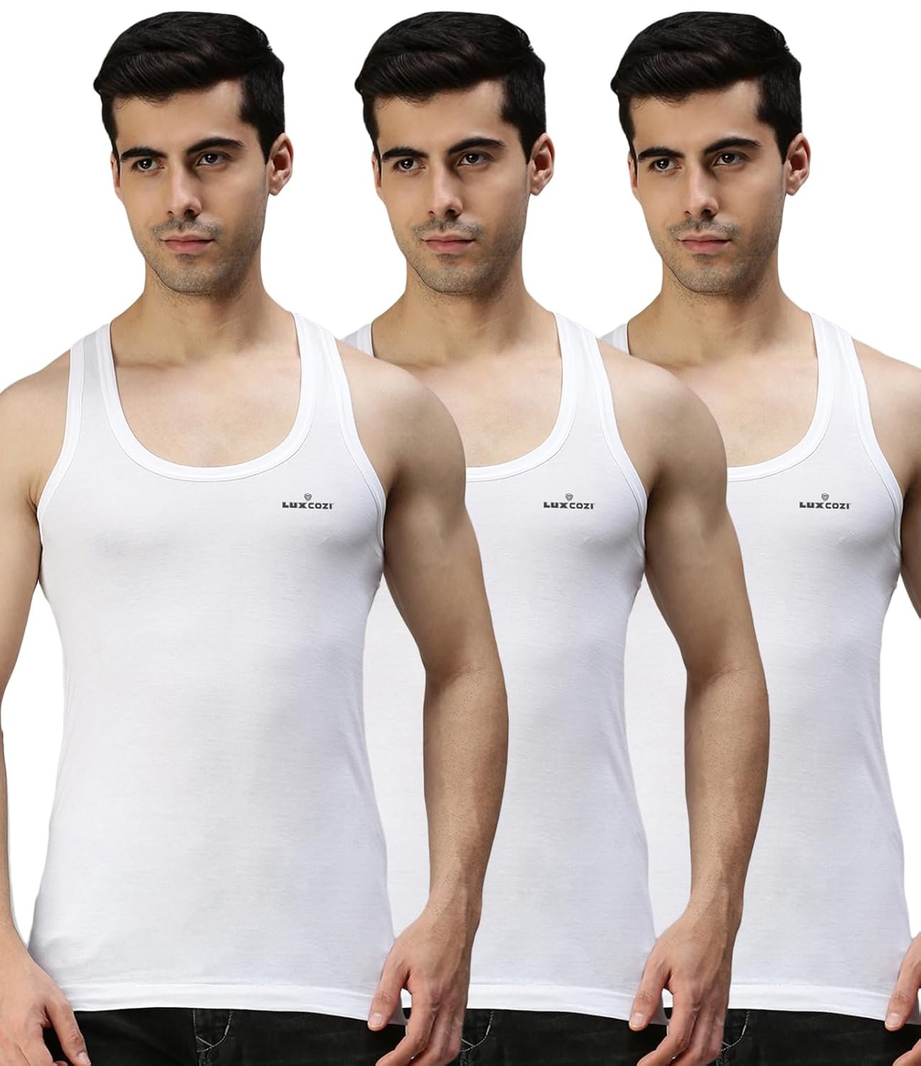 Lux Cozi Men's White Round Neck Sleeveless Cotton Vest (Pack of 3)