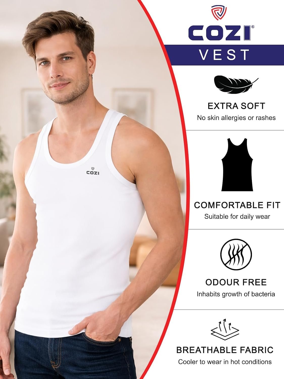 Lux Cozi Men's White Round Neck Sleeveless Cotton Vest (Pack of 3) - Image 4