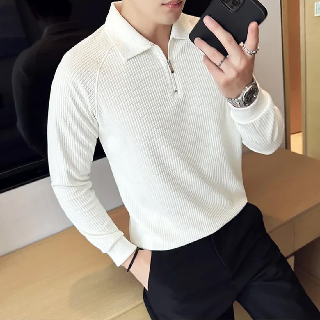 madfrog Men Solid Zip Polo Neck Full Sleeve Polyester Blend Regular & Comfort Fit T-Shirt for Men's - Image 5
