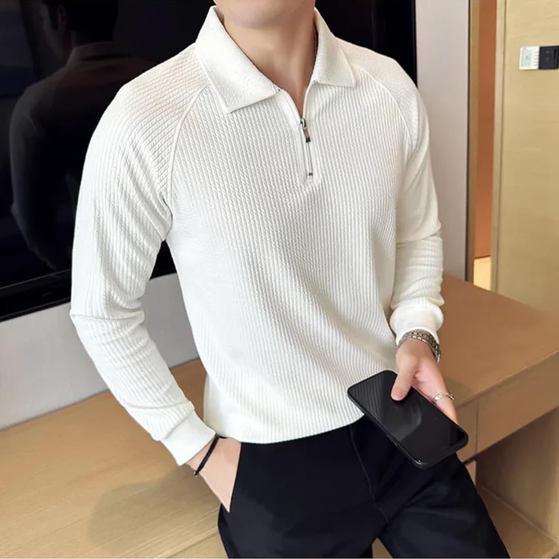 madfrog Men Solid Zip Polo Neck Full Sleeve Polyester Blend Regular & Comfort Fit T-Shirt for Men's - Image 7