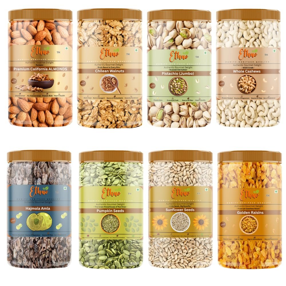 Ethno Natural Premium Dry Fruits, Nuts & Seeds Combo | Cashews, Almonds, Pistachios, Chilean Walnuts, Raisins, Amla, Pumpkin & Sunflower Seeds | Badam Kaju Pista Akhrot Kishmish | 500g x 8 | 4kg