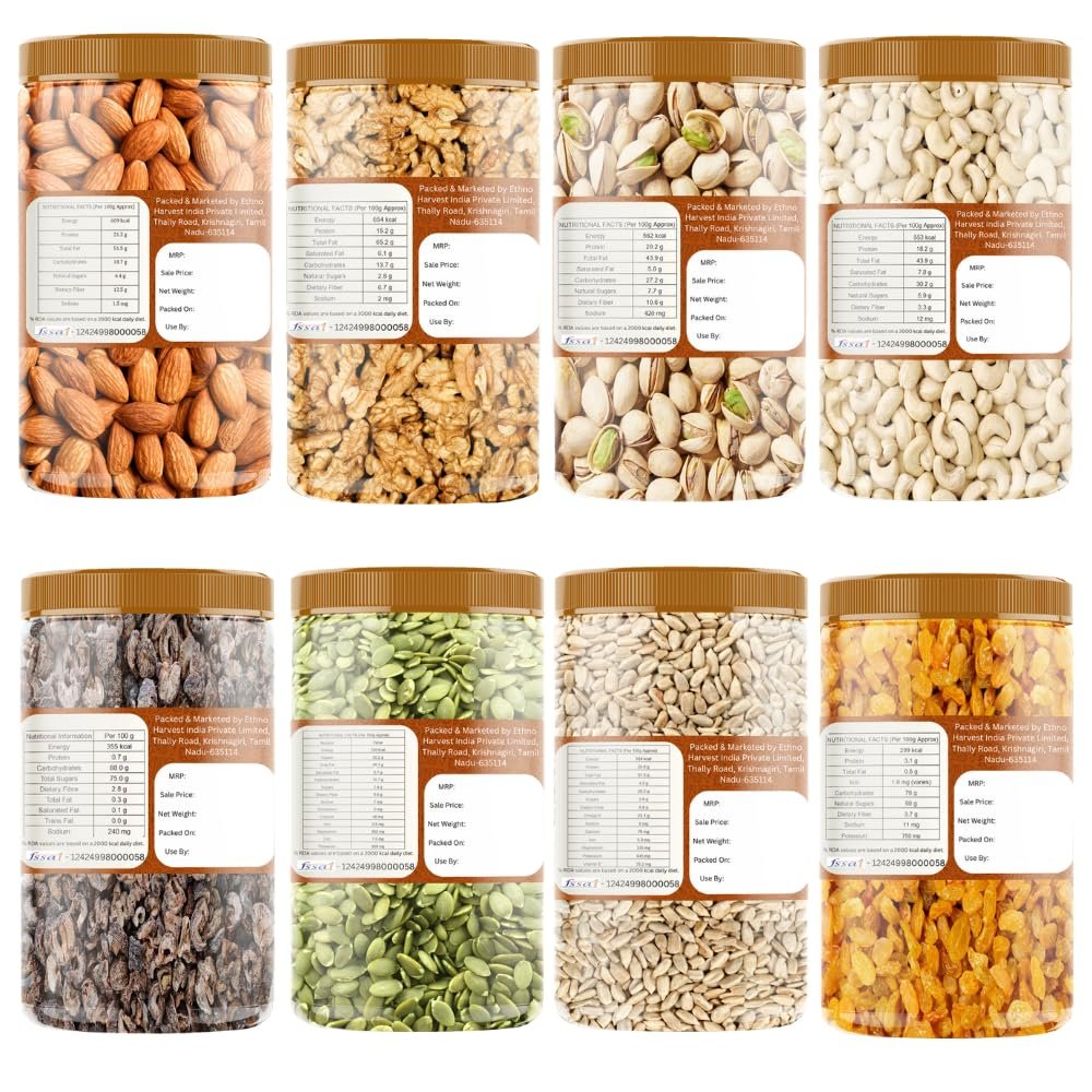 Ethno Natural Premium Dry Fruits, Nuts & Seeds Combo | Cashews, Almonds, Pistachios, Chilean Walnuts, Raisins, Amla, Pumpkin & Sunflower Seeds | Badam Kaju Pista Akhrot Kishmish | 500g x 8 | 4kg - Image 2
