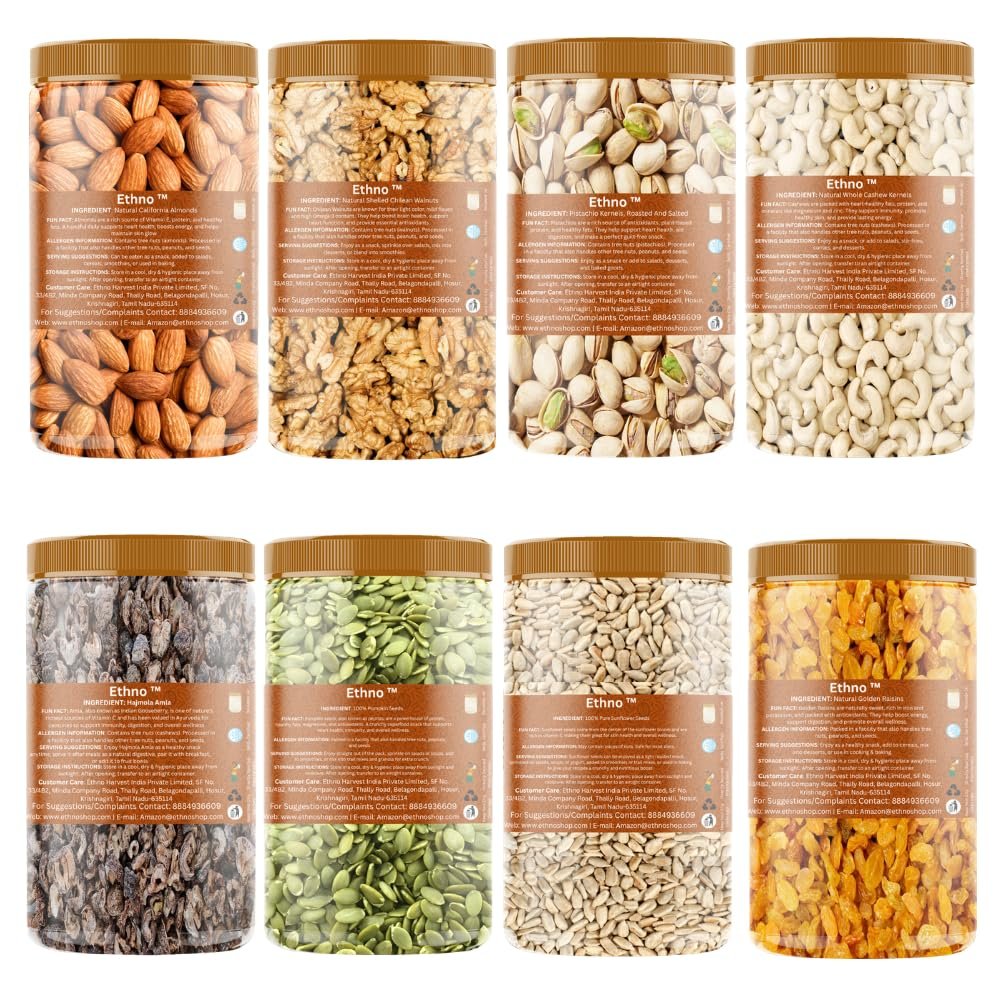 Ethno Natural Premium Dry Fruits, Nuts & Seeds Combo | Cashews, Almonds, Pistachios, Chilean Walnuts, Raisins, Amla, Pumpkin & Sunflower Seeds | Badam Kaju Pista Akhrot Kishmish | 500g x 8 | 4kg - Image 3