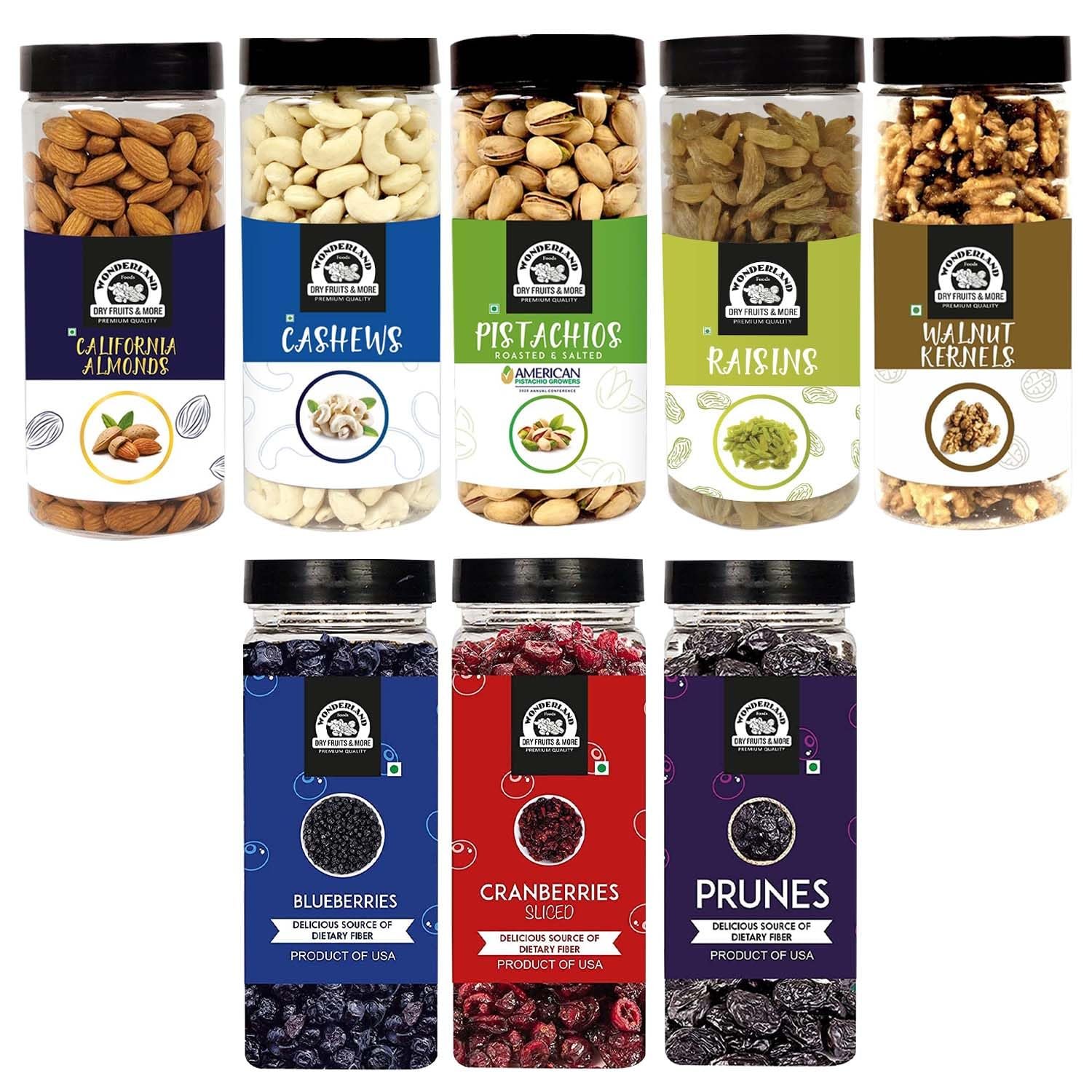 WONDERLAND FOODS (DEVICE) 3050G Dry Fruits Combo Almond, Cashew, Pista, Raisin 500G Each, Walnut Kernels 350G, Blueberry 250G, Prunes 250G, Sliced Cranberry 200G Jar