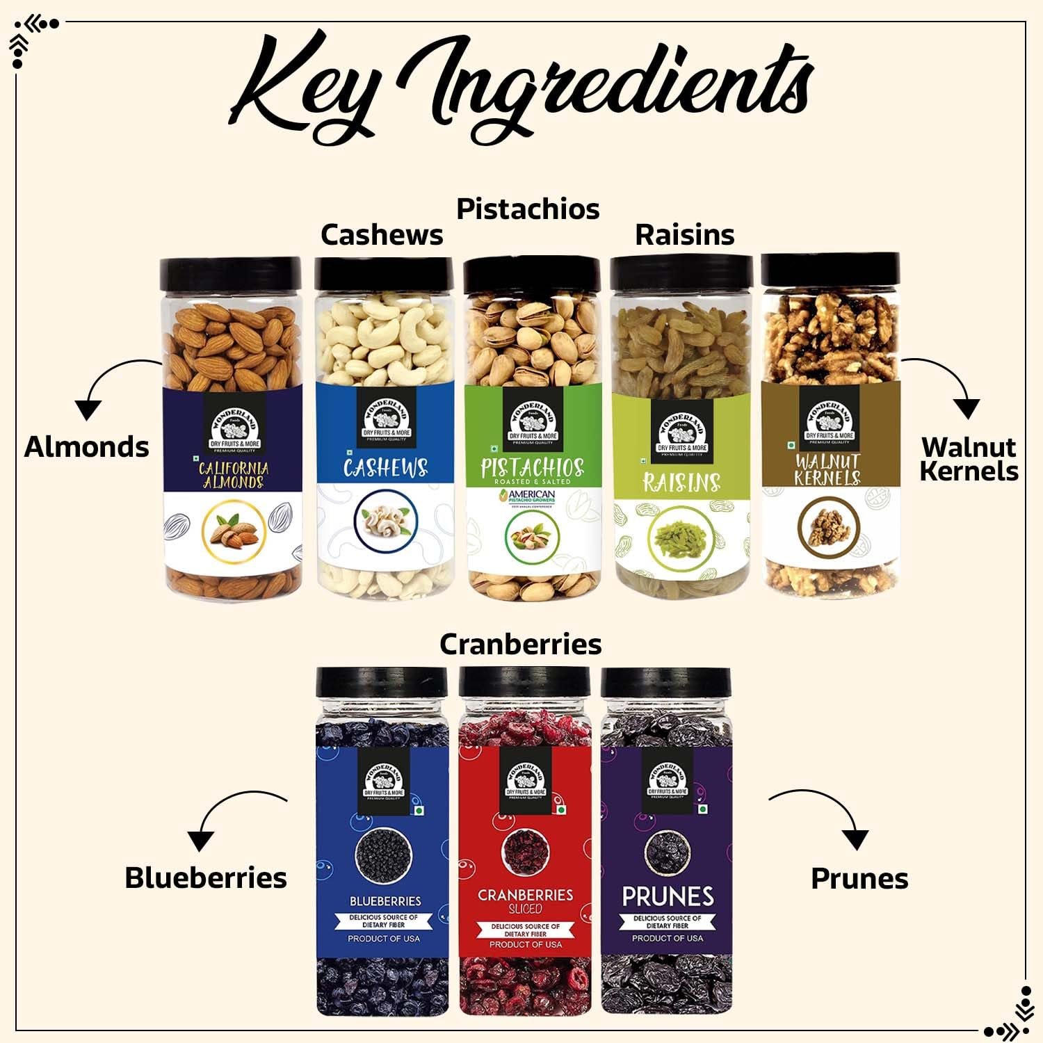 WONDERLAND FOODS (DEVICE) 3050G Dry Fruits Combo Almond, Cashew, Pista, Raisin 500G Each, Walnut Kernels 350G, Blueberry 250G, Prunes 250G, Sliced Cranberry 200G Jar - Image 4