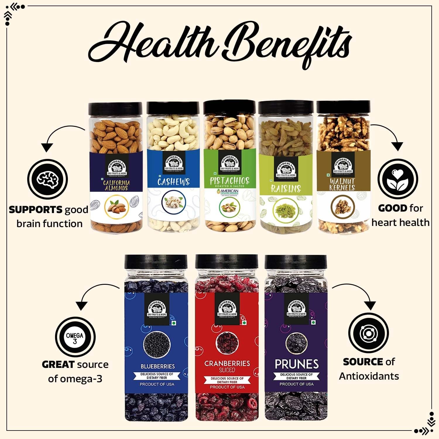 WONDERLAND FOODS (DEVICE) 3050G Dry Fruits Combo Almond, Cashew, Pista, Raisin 500G Each, Walnut Kernels 350G, Blueberry 250G, Prunes 250G, Sliced Cranberry 200G Jar - Image 5