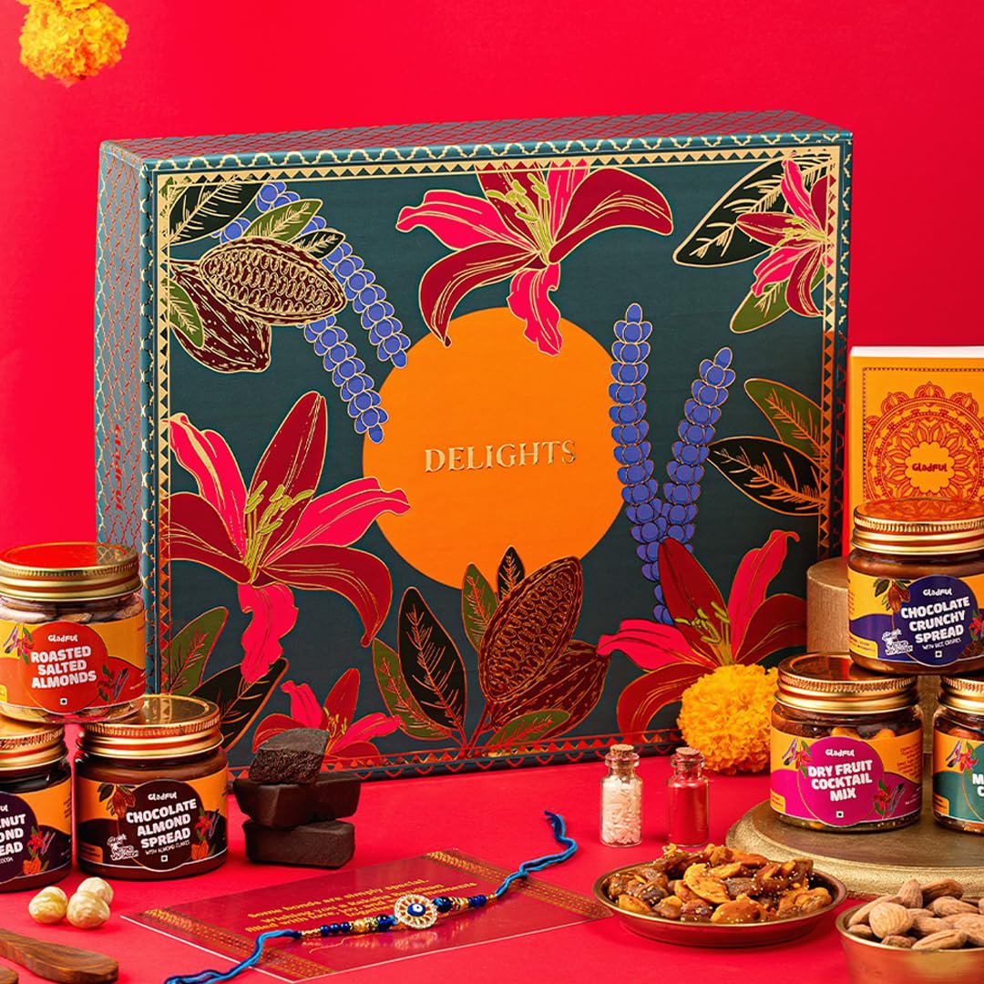Gladful Premium 10 Items Rakhi Gift Box | Green Floral Keepsake Box with Premium Nuts, Chocolate Spreads, Rakhi & Festive Essentials | Luxurious Raksha Bandhan Gift for Brother