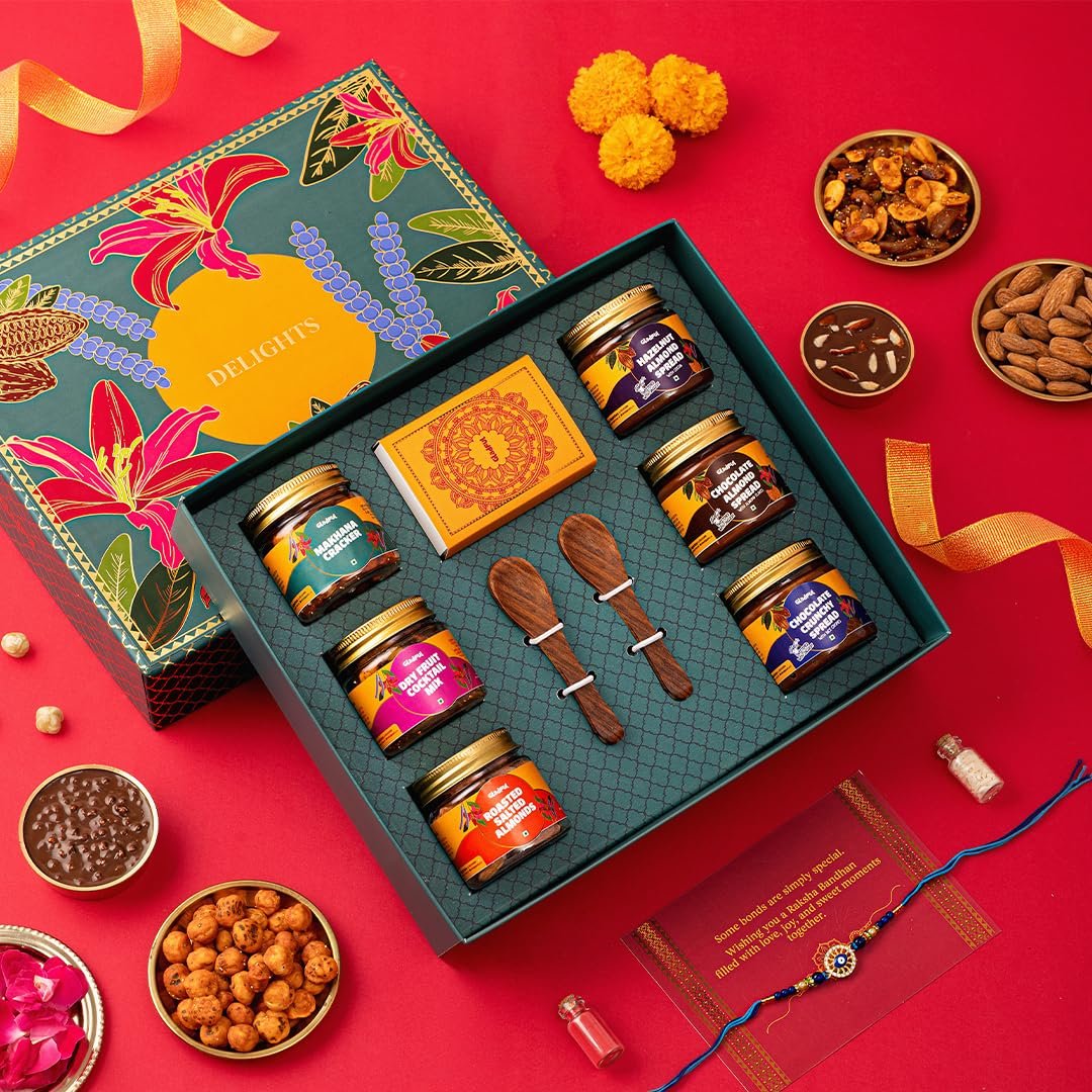 Gladful Premium 10 Items Rakhi Gift Box | Green Floral Keepsake Box with Premium Nuts, Chocolate Spreads, Rakhi & Festive Essentials | Luxurious Raksha Bandhan Gift for Brother - Image 4