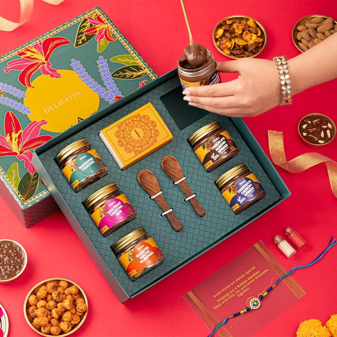 Gladful Premium 10 Items Rakhi Gift Box | Green Floral Keepsake Box with Premium Nuts, Chocolate Spreads, Rakhi & Festive Essentials | Luxurious Raksha Bandhan Gift for Brother - Image 5