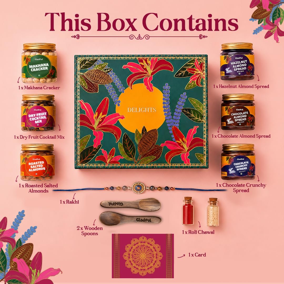 Gladful Premium 10 Items Rakhi Gift Box | Green Floral Keepsake Box with Premium Nuts, Chocolate Spreads, Rakhi & Festive Essentials | Luxurious Raksha Bandhan Gift for Brother - Image 6
