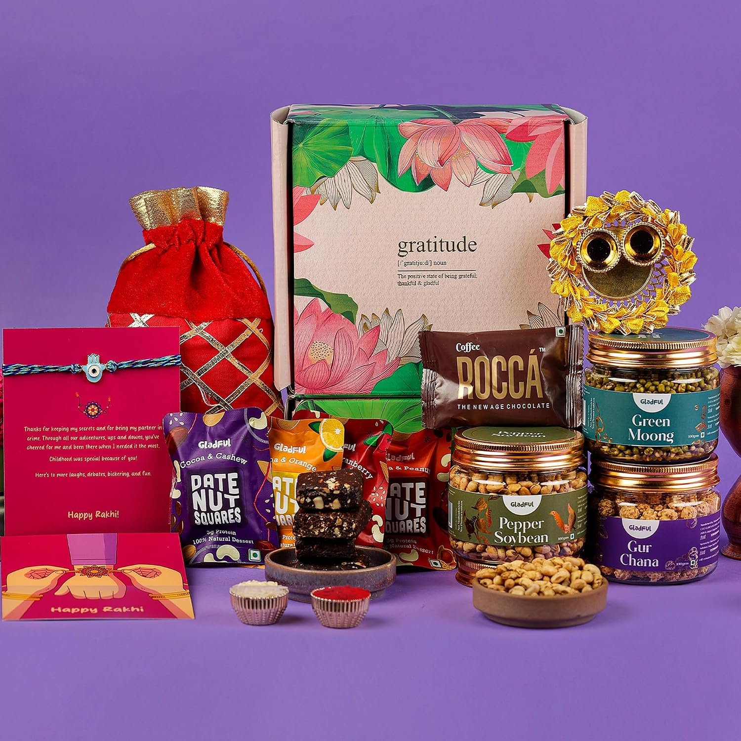 Gladful Premium 10 Items Rakhi Gift Box | Green Floral Keepsake Box with Premium Nuts, Chocolate Spreads, Rakhi & Festive Essentials | Luxurious Raksha Bandhan Gift for Brother - Image 7