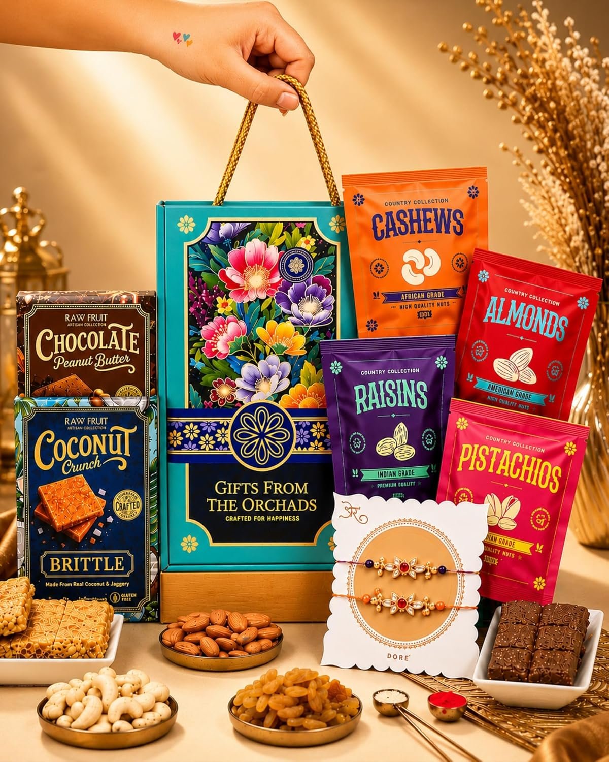 Hyperfoods® Rakhi Set for Brother and Bhabhi RawFruit Gifts From The Orchards Dry fruit 120 Grams(Cashews, Almonds, Pista, Raisins 30Gms Each) & 2 Brittle(100 Gm Each) with Rakhi Hamper For Brother with Roli & Rice