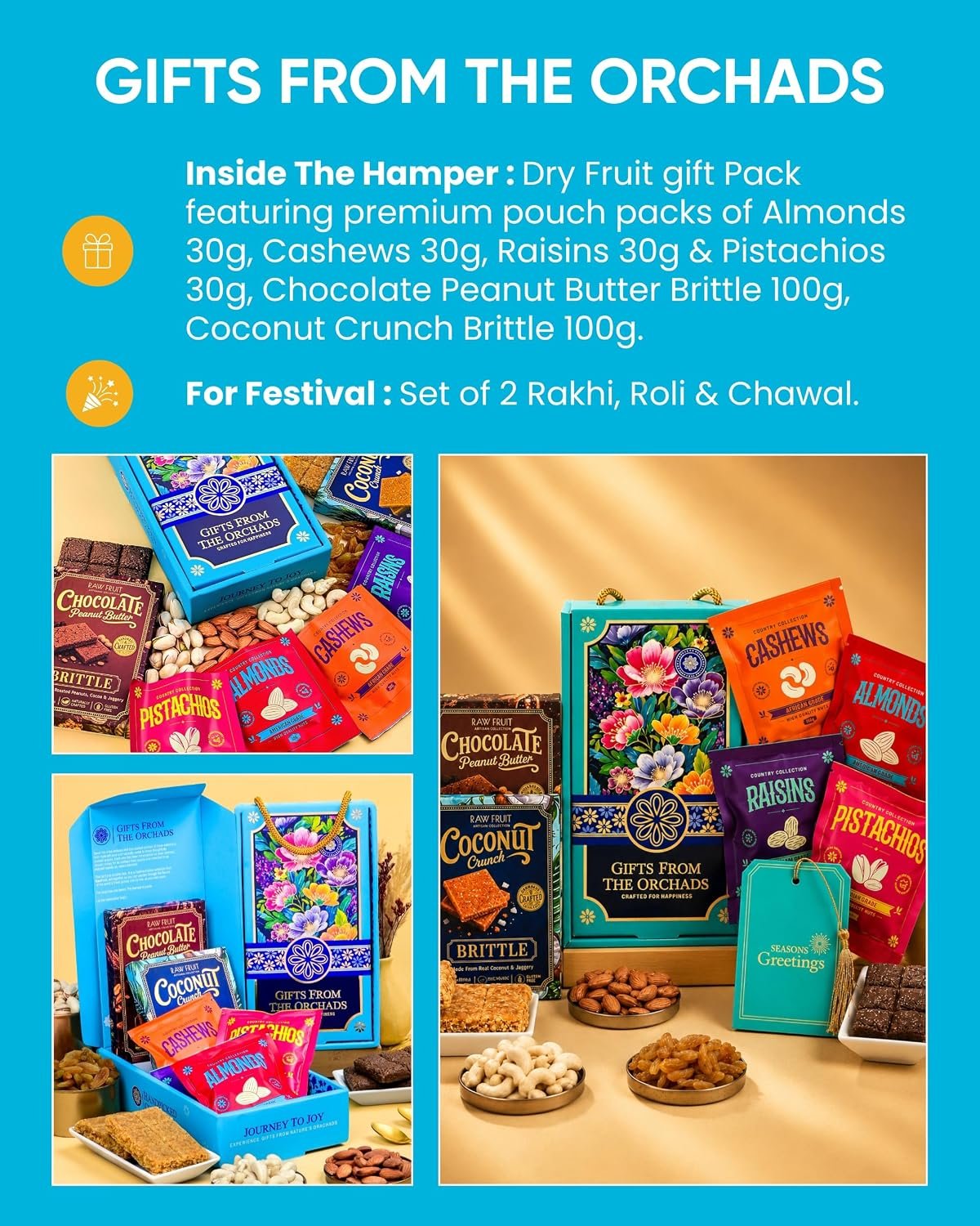 Hyperfoods® Rakhi Set for Brother and Bhabhi RawFruit Gifts From The Orchards Dry fruit 120 Grams(Cashews, Almonds, Pista, Raisins 30Gms Each) & 2 Brittle(100 Gm Each) with Rakhi Hamper For Brother with Roli & Rice - Image 3