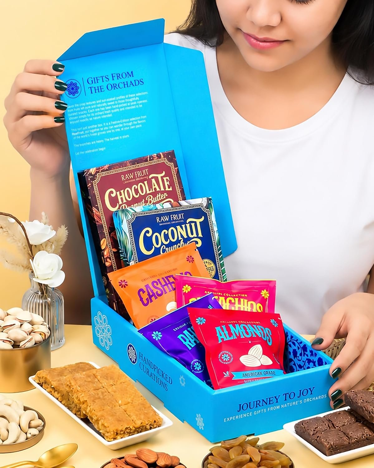 Hyperfoods® Rakhi Set for Brother and Bhabhi RawFruit Gifts From The Orchards Dry fruit 120 Grams(Cashews, Almonds, Pista, Raisins 30Gms Each) & 2 Brittle(100 Gm Each) with Rakhi Hamper For Brother with Roli & Rice - Image 6