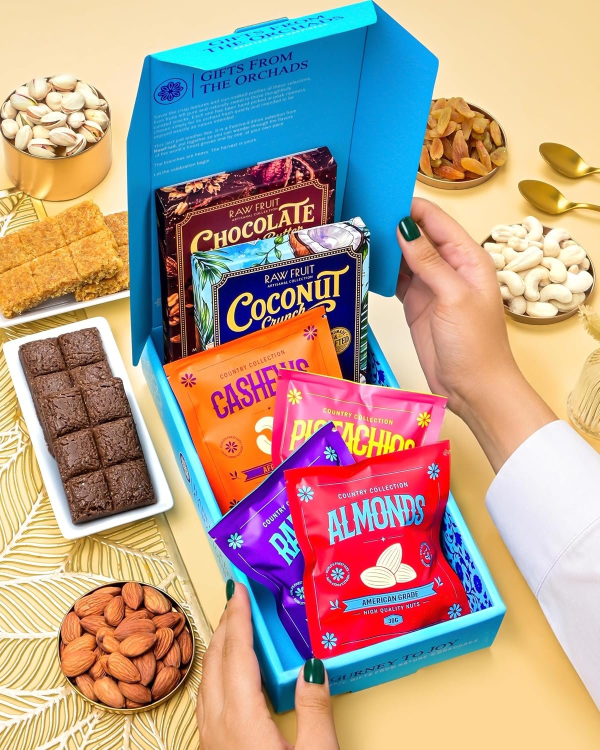Hyperfoods® Rakhi Set for Brother and Bhabhi RawFruit Gifts From The Orchards Dry fruit 120 Grams(Cashews, Almonds, Pista, Raisins 30Gms Each) & 2 Brittle(100 Gm Each) with Rakhi Hamper For Brother with Roli & Rice - Image 7
