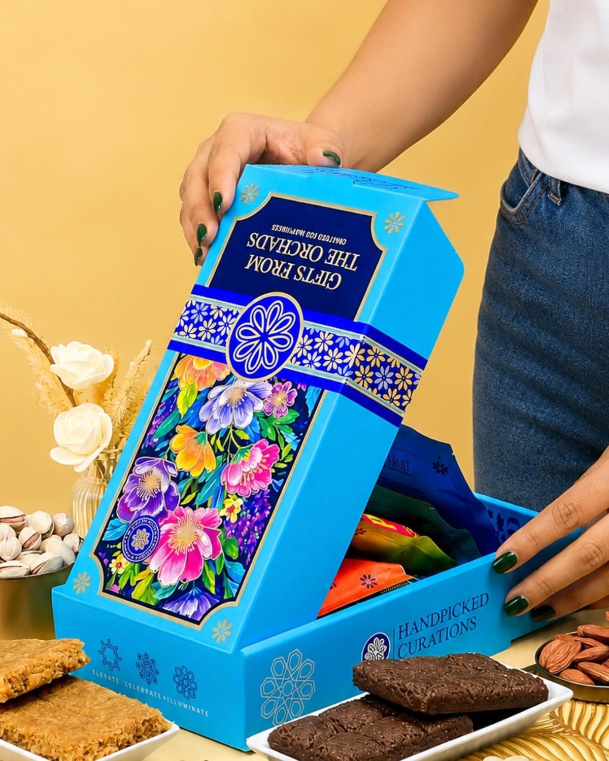 Hyperfoods® Rakhi Set for Brother and Bhabhi RawFruit Gifts From The Orchards Dry fruit 120 Grams(Cashews, Almonds, Pista, Raisins 30Gms Each) & 2 Brittle(100 Gm Each) with Rakhi Hamper For Brother with Roli & Rice - Image 8