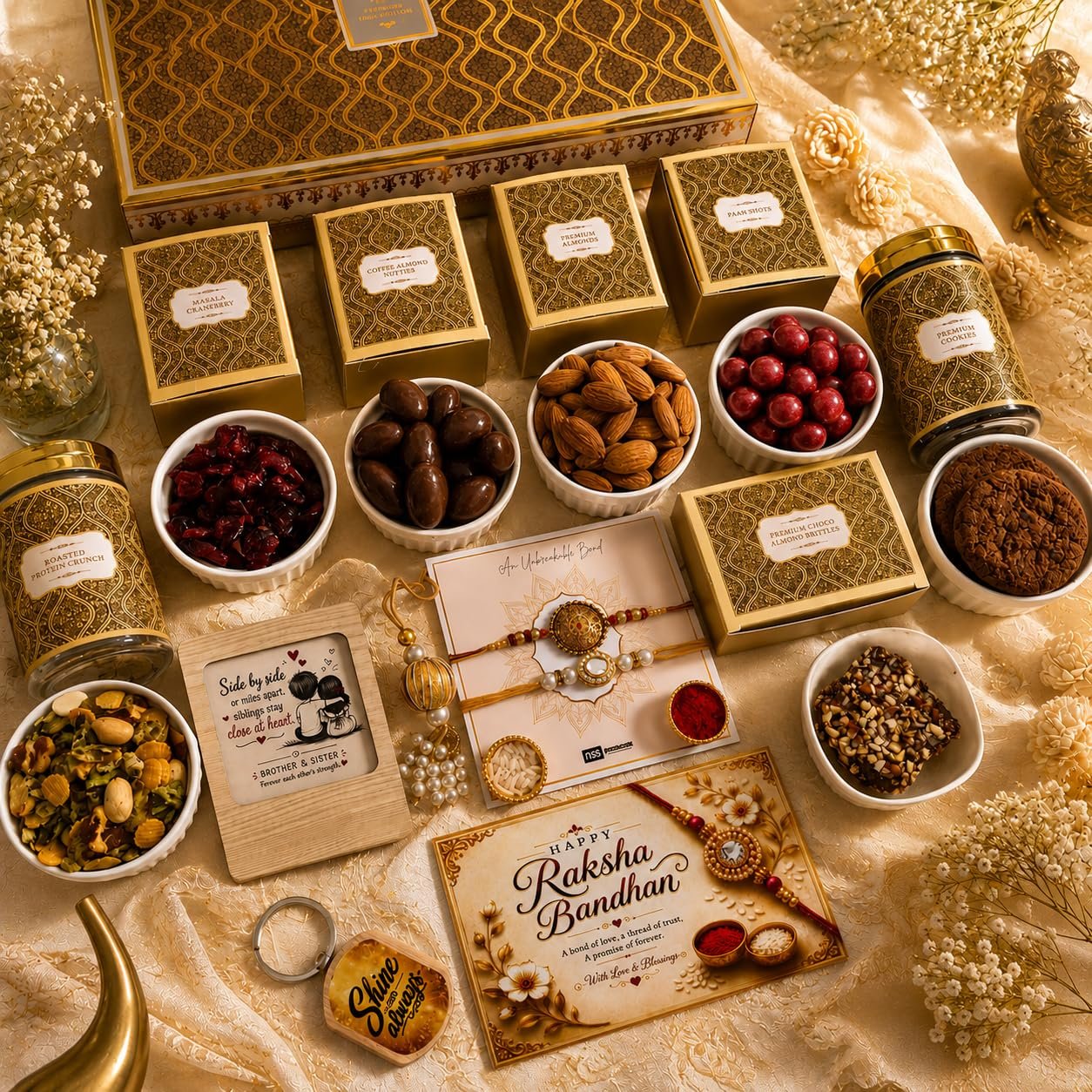 NutriSnacksBox Royal Rakhi White Hamper | Premium Dry Fruits, Gourmet Snacks & Festive Gift Set | 2 Decorative Bhaiya Rakhis, Wooden Magnet, Keychain, Roli Chawal & Greeting Card | Luxury Raksha Bandhan Gift Box - Image 2