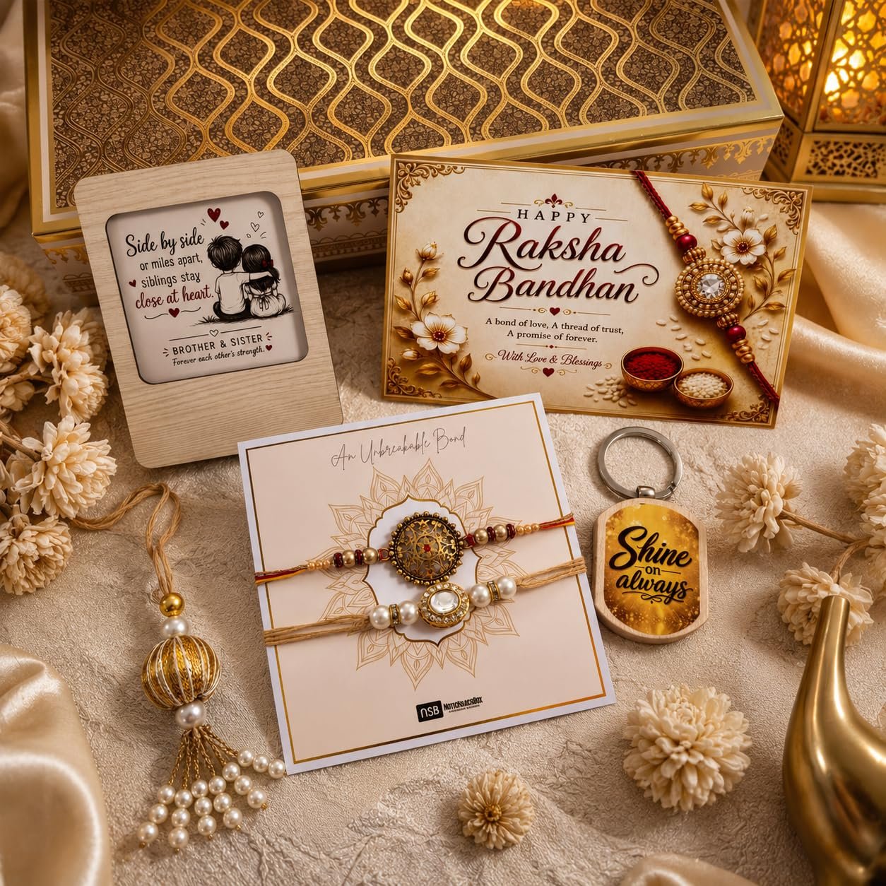 NutriSnacksBox Royal Rakhi White Hamper | Premium Dry Fruits, Gourmet Snacks & Festive Gift Set | 2 Decorative Bhaiya Rakhis, Wooden Magnet, Keychain, Roli Chawal & Greeting Card | Luxury Raksha Bandhan Gift Box - Image 3
