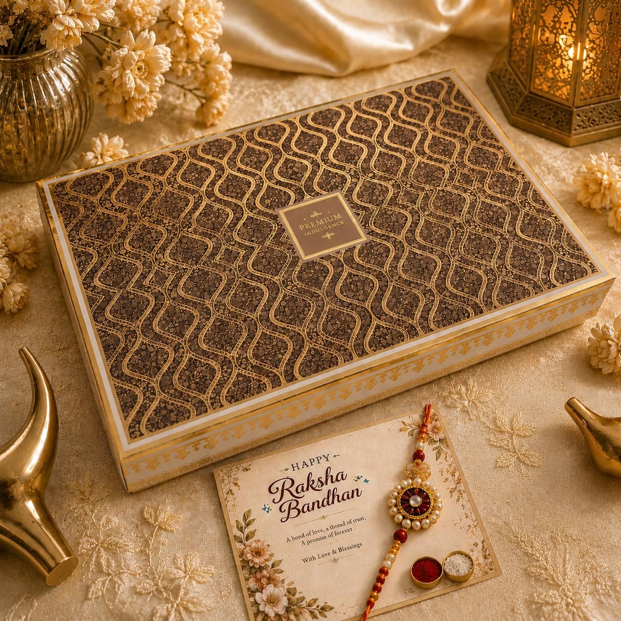 NutriSnacksBox Royal Rakhi White Hamper | Premium Dry Fruits, Gourmet Snacks & Festive Gift Set | 2 Decorative Bhaiya Rakhis, Wooden Magnet, Keychain, Roli Chawal & Greeting Card | Luxury Raksha Bandhan Gift Box - Image 4