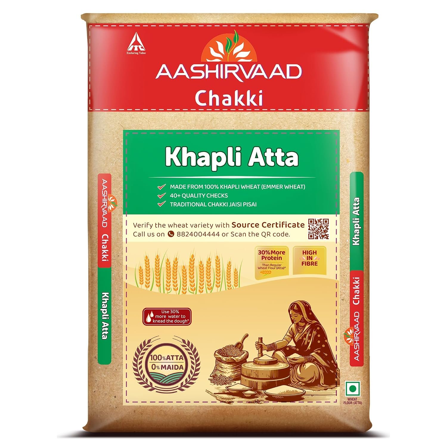 Aashirvaad Khapli Atta 1KG | Emmer Wheat Flour | High Fiber & Protein | Aids Digestion | Ancient Grain |Soft & Nutritious Rotis