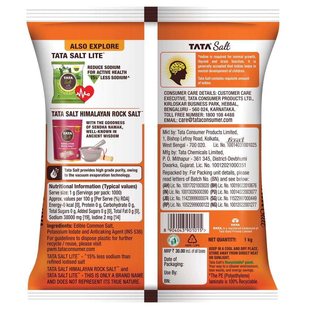 Tata Salt 1 Kg, Free Flowing and Iodised Namak, Vacuum Evaporated, Salt in Fresh - Image 10