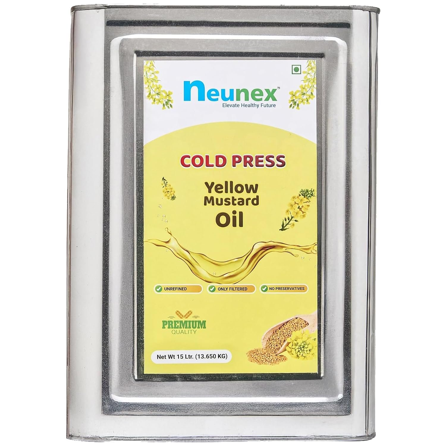 NEUNEX Premium Cold Pressed Mustard Oil 15 Liter | 100% Natural & Pure Rich Aroma | A1 Grade Real Yellow Mustard Seeds Oil (0% Trans Fat) | Pili Sarso Oil | Manage Cholesterol, Rich in Omega 3 & Vitamin E | Healthy & Unrefined