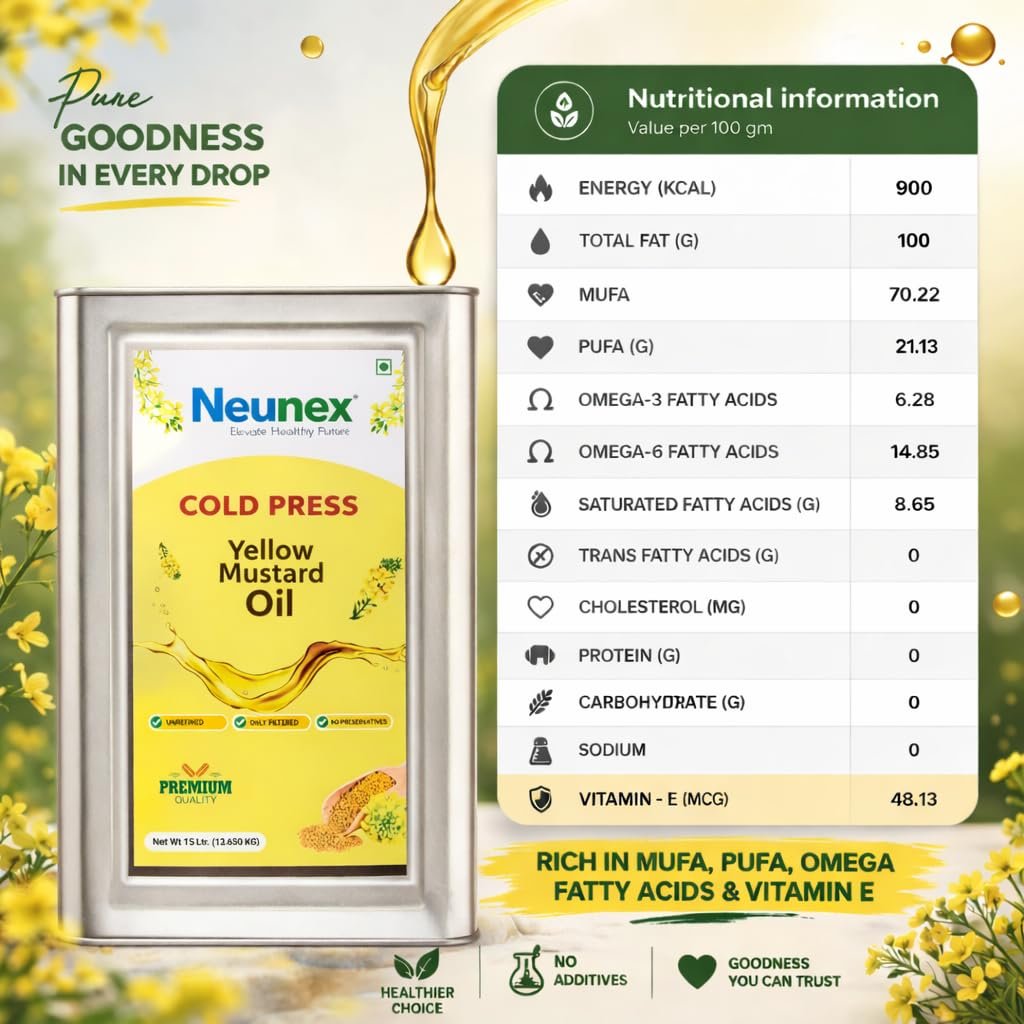 NEUNEX Premium Cold Pressed Mustard Oil 15 Liter | 100% Natural & Pure Rich Aroma | A1 Grade Real Yellow Mustard Seeds Oil (0% Trans Fat) | Pili Sarso Oil | Manage Cholesterol, Rich in Omega 3 & Vitamin E | Healthy & Unrefined - Image 3