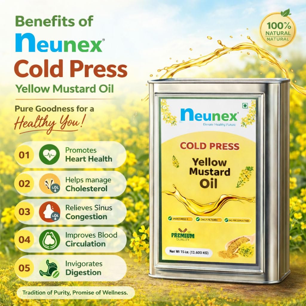 NEUNEX Premium Cold Pressed Mustard Oil 15 Liter | 100% Natural & Pure Rich Aroma | A1 Grade Real Yellow Mustard Seeds Oil (0% Trans Fat) | Pili Sarso Oil | Manage Cholesterol, Rich in Omega 3 & Vitamin E | Healthy & Unrefined - Image 6