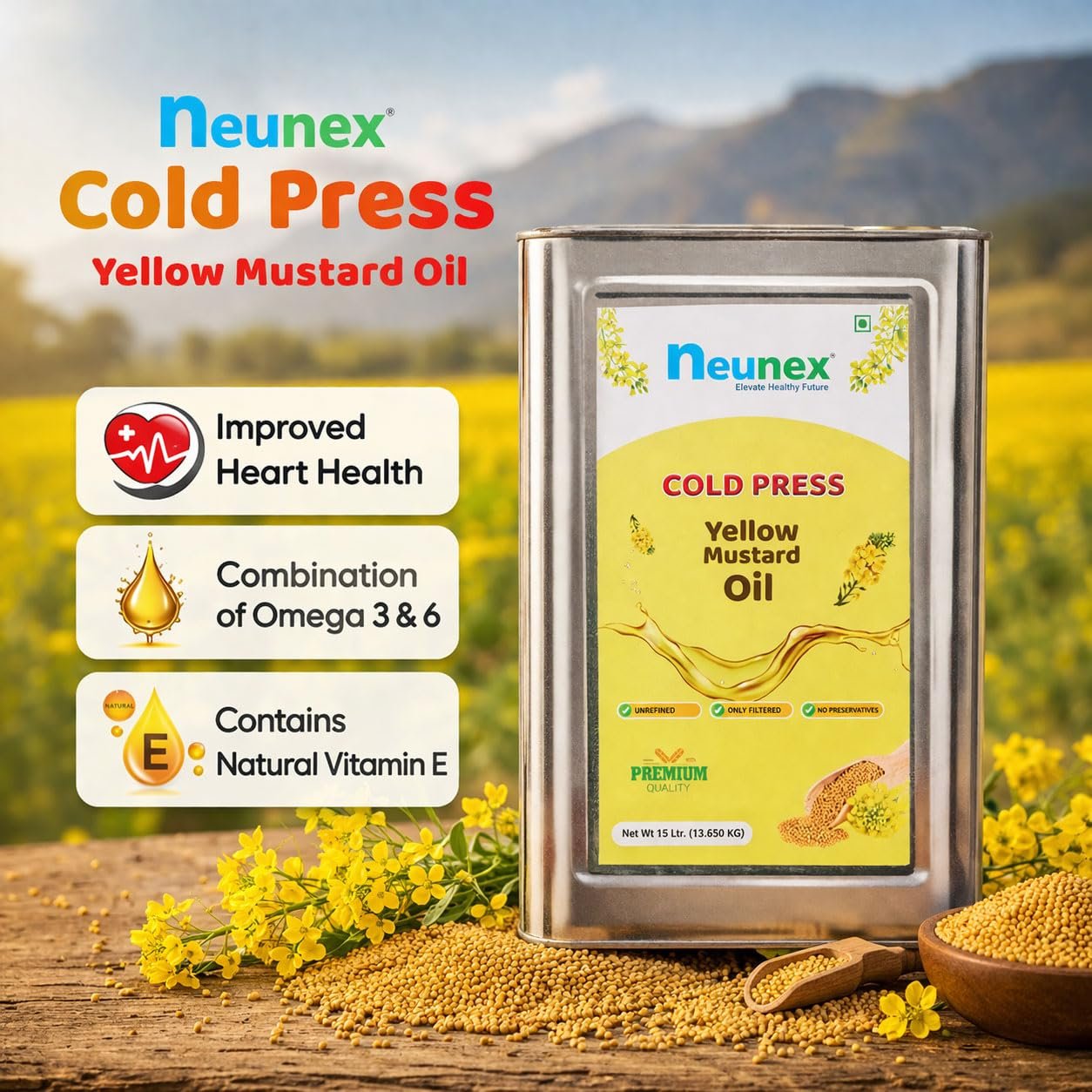 NEUNEX Premium Cold Pressed Mustard Oil 15 Liter | 100% Natural & Pure Rich Aroma | A1 Grade Real Yellow Mustard Seeds Oil (0% Trans Fat) | Pili Sarso Oil | Manage Cholesterol, Rich in Omega 3 & Vitamin E | Healthy & Unrefined - Image 8