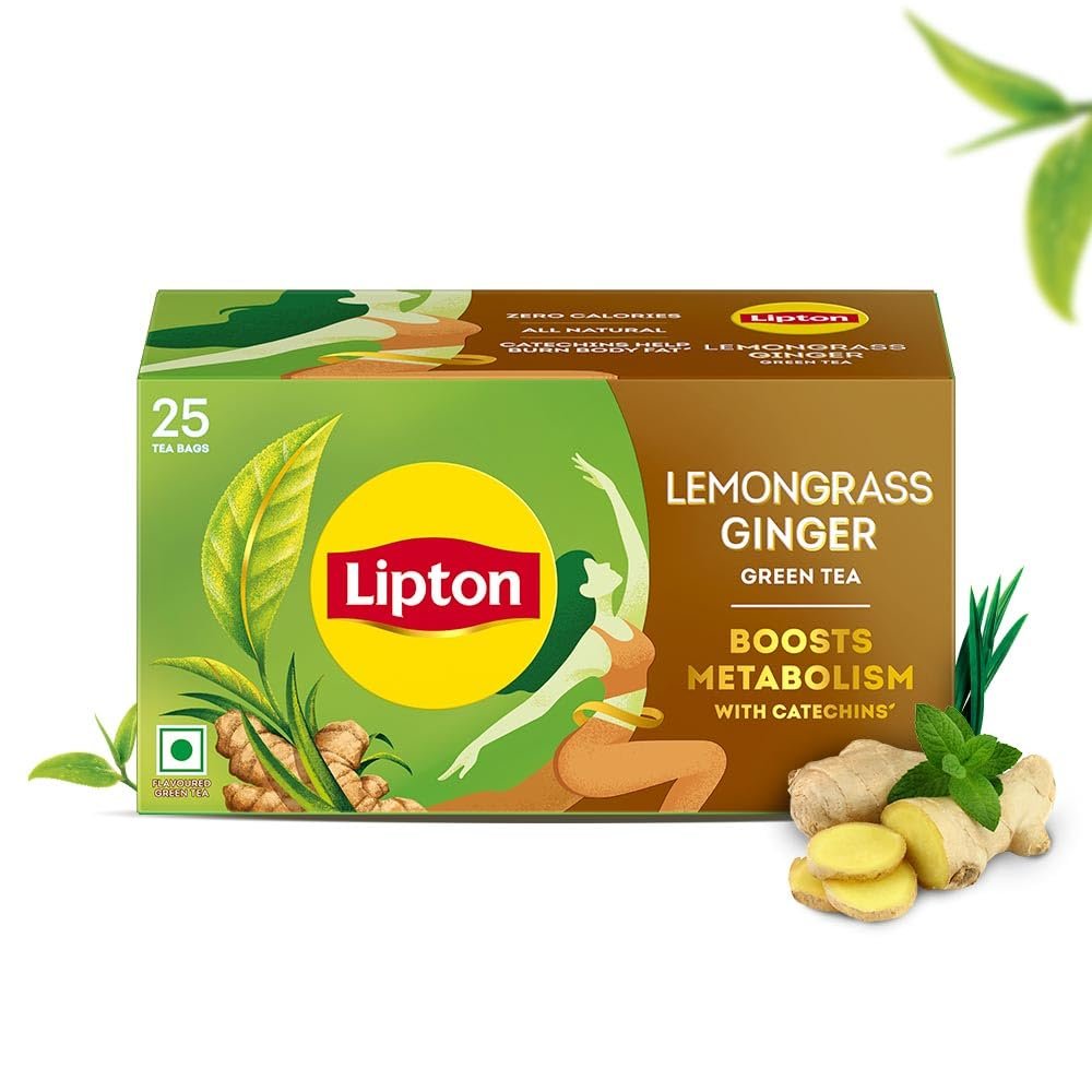 Lipton Green Tea, Lemongrass Ginger, 25 Tea Bags, for Weight Loss, with Catechins to Boost Metabolism, Zero Added Sugar, All Natural Ingredients