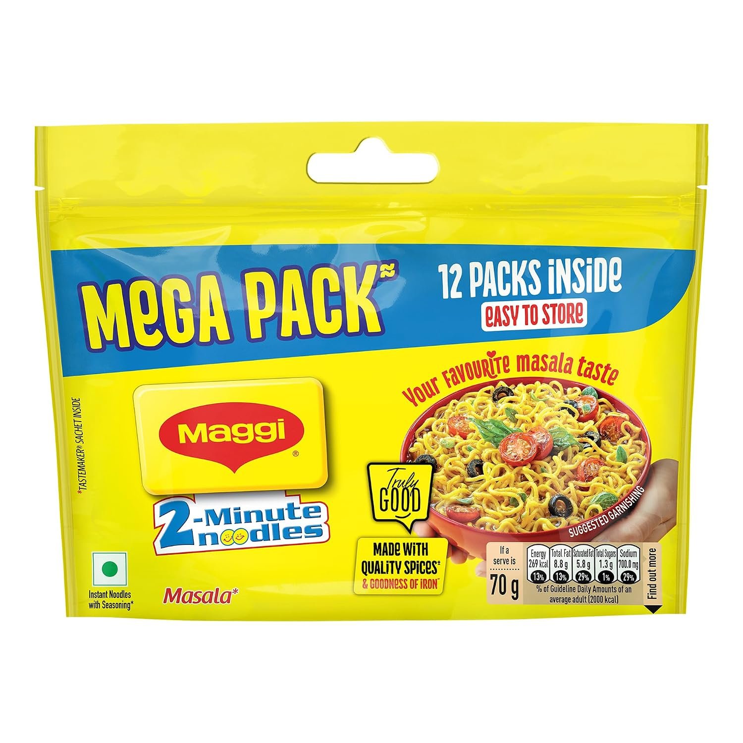 MAGGI 2-Minute Instant Noodles 12 x 70/75g each (Weight may vary) | Your favourite masala noodles with goodness of iron; Made with choicest quality spice, Mega pack