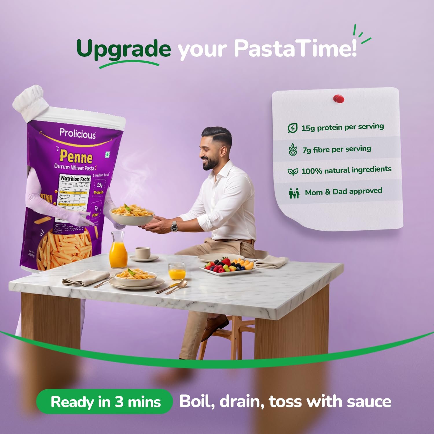 Prolicious Penne Pasta | Upgrade Your Pasta Time | 15g Protein + 7g Fibre | Durum Wheat & Peanut Flour | No Maida, Not Fried | 2.6X More Protein | For Masala, White Sauce, Baked & More | 400g (Pack of 3) - Image 3