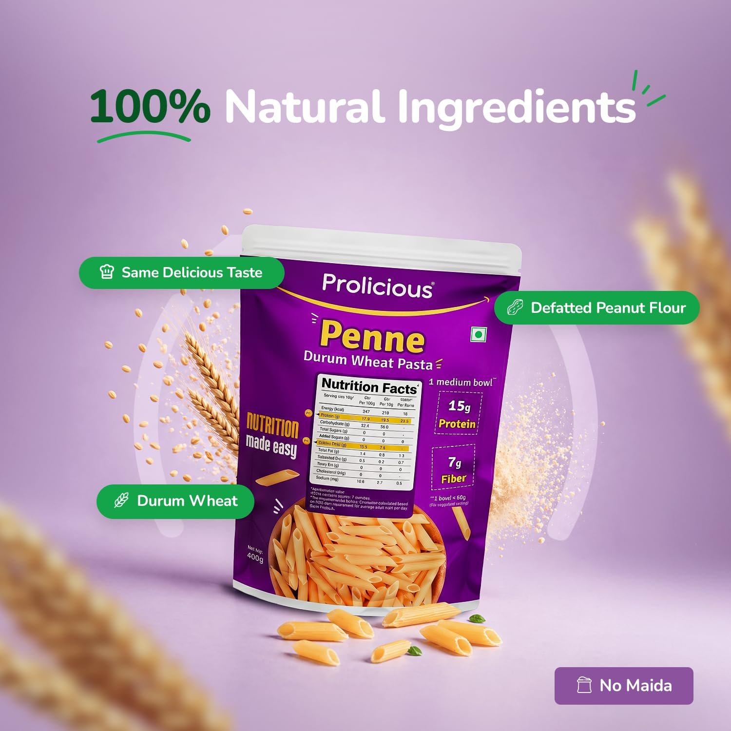 Prolicious Penne Pasta | Upgrade Your Pasta Time | 15g Protein + 7g Fibre | Durum Wheat & Peanut Flour | No Maida, Not Fried | 2.6X More Protein | For Masala, White Sauce, Baked & More | 400g (Pack of 3) - Image 4