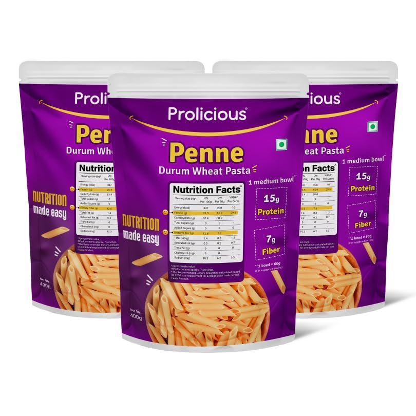 Prolicious Penne Pasta | Upgrade Your Pasta Time | 15g Protein + 7g Fibre | Durum Wheat & Peanut Flour | No Maida, Not Fried | 2.6X More Protein | For Masala, White Sauce, Baked & More | 400g (Pack of 3)
