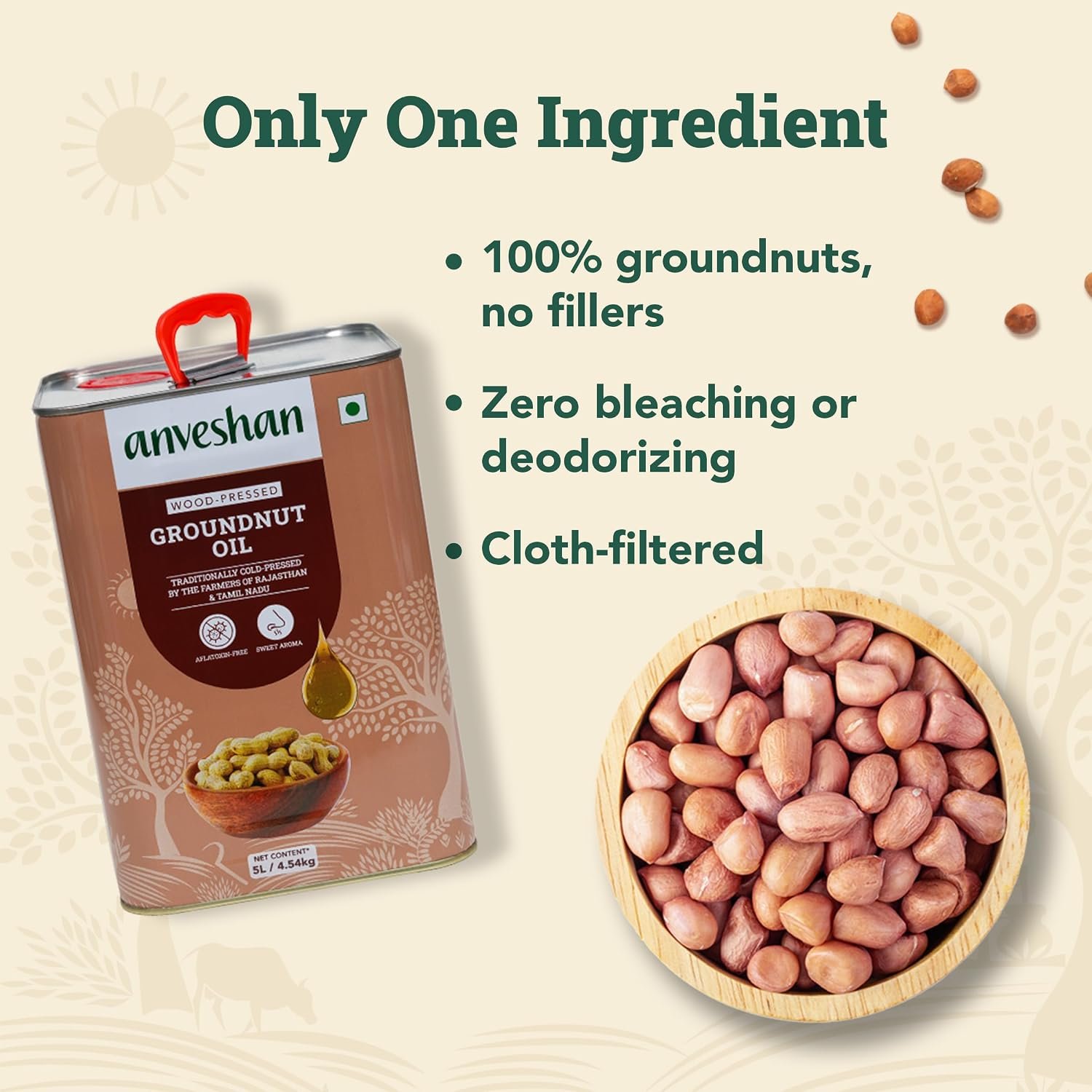 Anveshan Wood Cold Pressed Ground Nut Oil - 5 Litre | Tin Can | Kolhu/Kacchi Ghani/Chekku | Peanut Oil | Natural | Chemical-Free | Cold Pressed Ground Nut Oil for Cooking - Image 5