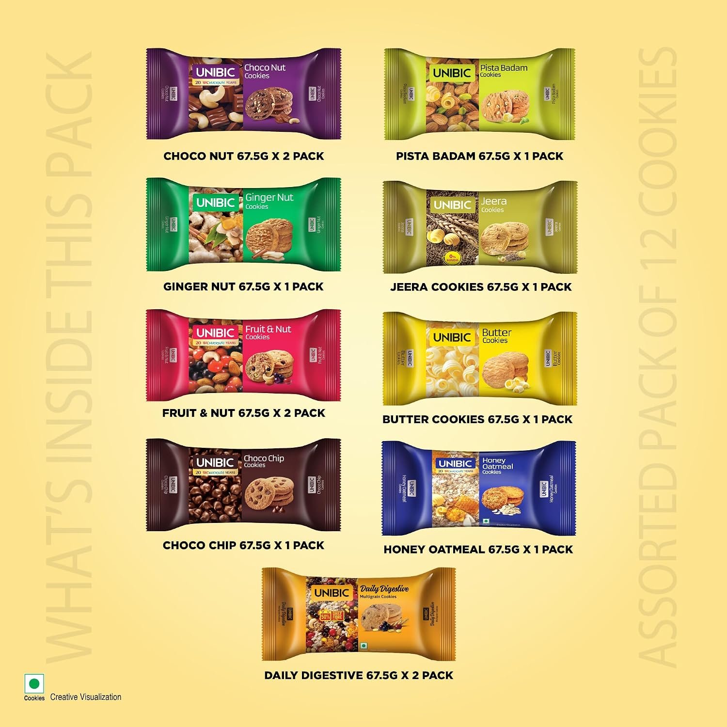 Unibic Cookies,Assorted Cookies,67.5 G/75G (Pack Of 12)|Biscuits Combo Pack|Choco Chip |Butter |Fruit & Nut ||Honey Oatmeal I Cashew I Jeera I 810G / 900G Weight May Vary - Image 4