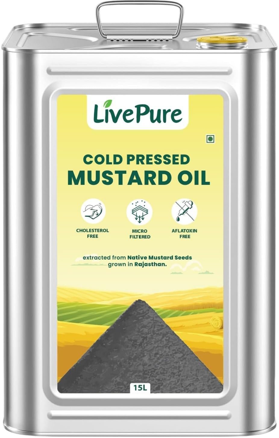 Livepure Cold Pressed Mustard Oil 15L Tin - | Kacchi Ghani Sarso Oil | Chemical Free| Cholesterol Free | Micro Filtered | Healthy Unrefined Cooking Oil - Image 3