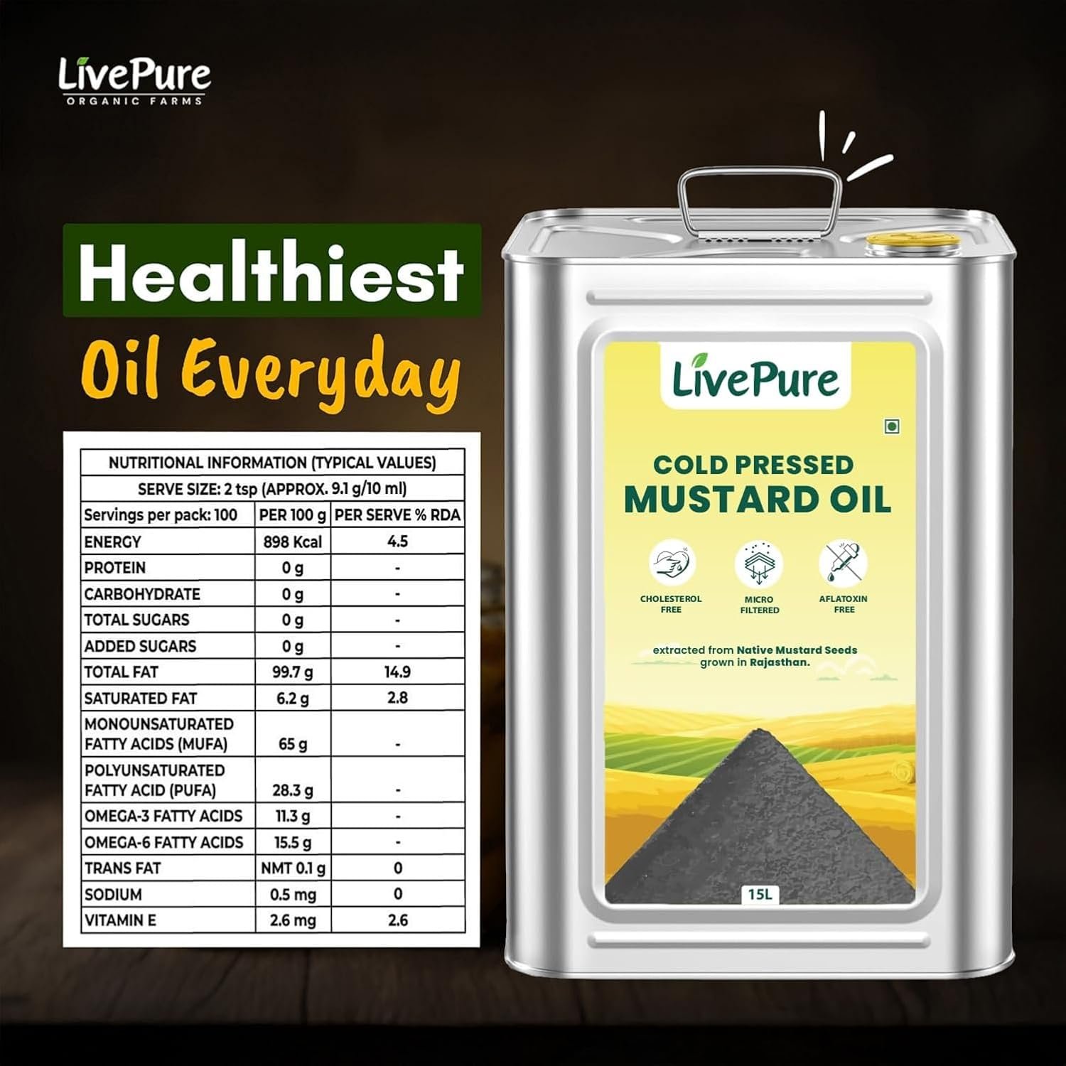 Livepure Cold Pressed Mustard Oil 15L Tin - | Kacchi Ghani Sarso Oil | Chemical Free| Cholesterol Free | Micro Filtered | Healthy Unrefined Cooking Oil - Image 2