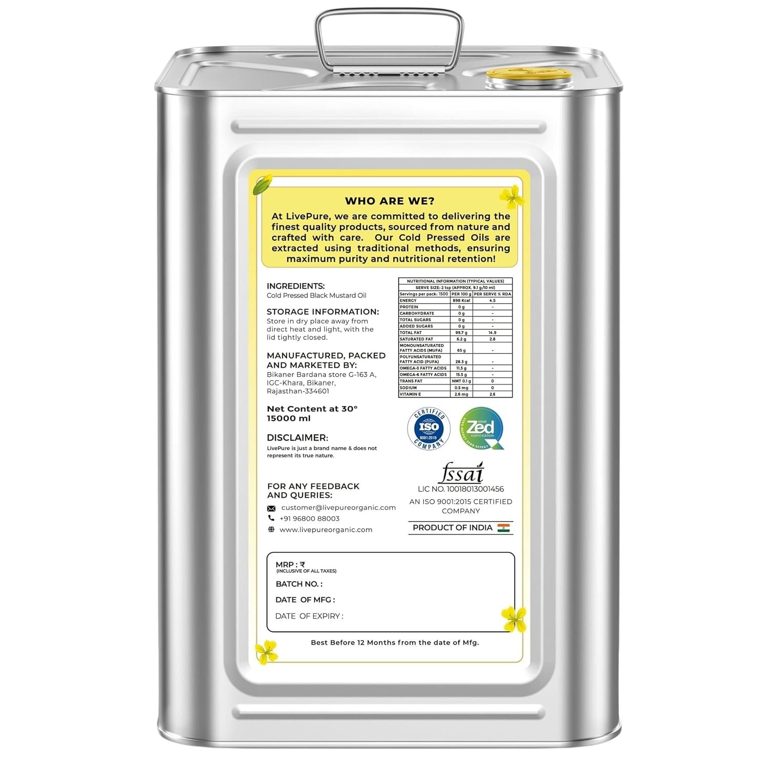 Livepure Cold Pressed Mustard Oil 15L Tin - | Kacchi Ghani Sarso Oil | Chemical Free| Cholesterol Free | Micro Filtered | Healthy Unrefined Cooking Oil - Image 4