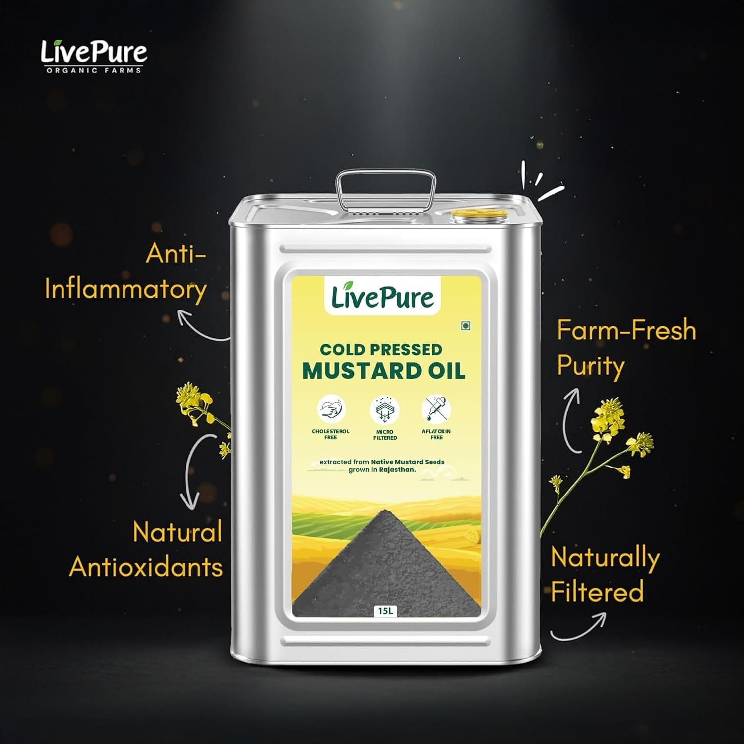 Livepure Cold Pressed Mustard Oil 15L Tin - | Kacchi Ghani Sarso Oil | Chemical Free| Cholesterol Free | Micro Filtered | Healthy Unrefined Cooking Oil