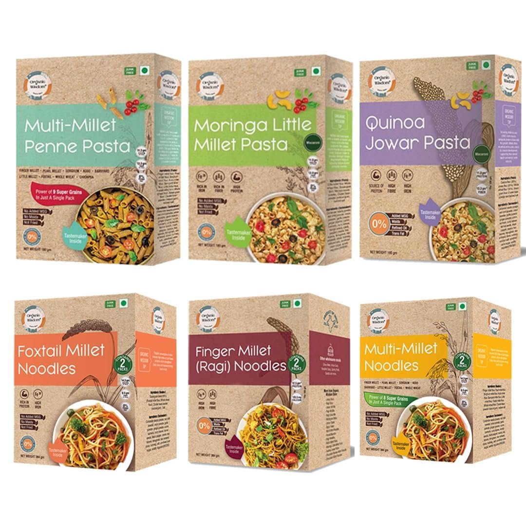 Organic Wisdom Back to Roots Super Saver Pack of 6 | Millet Noodles 384g Each & Millet Pasta 180g Each | No Maida, MSG or Refined Oil | High in Protein, Vitamin B, Antioxidants & Fiber | Tastemaker Inside