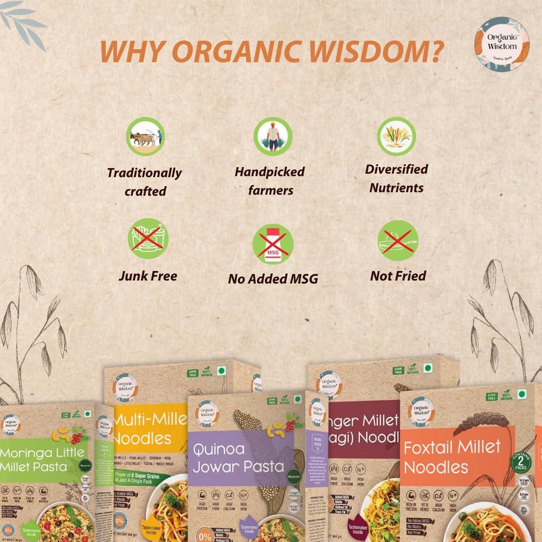 Organic Wisdom Back to Roots Super Saver Pack of 6 | Millet Noodles 384g Each & Millet Pasta 180g Each | No Maida, MSG or Refined Oil | High in Protein, Vitamin B, Antioxidants & Fiber | Tastemaker Inside - Image 2
