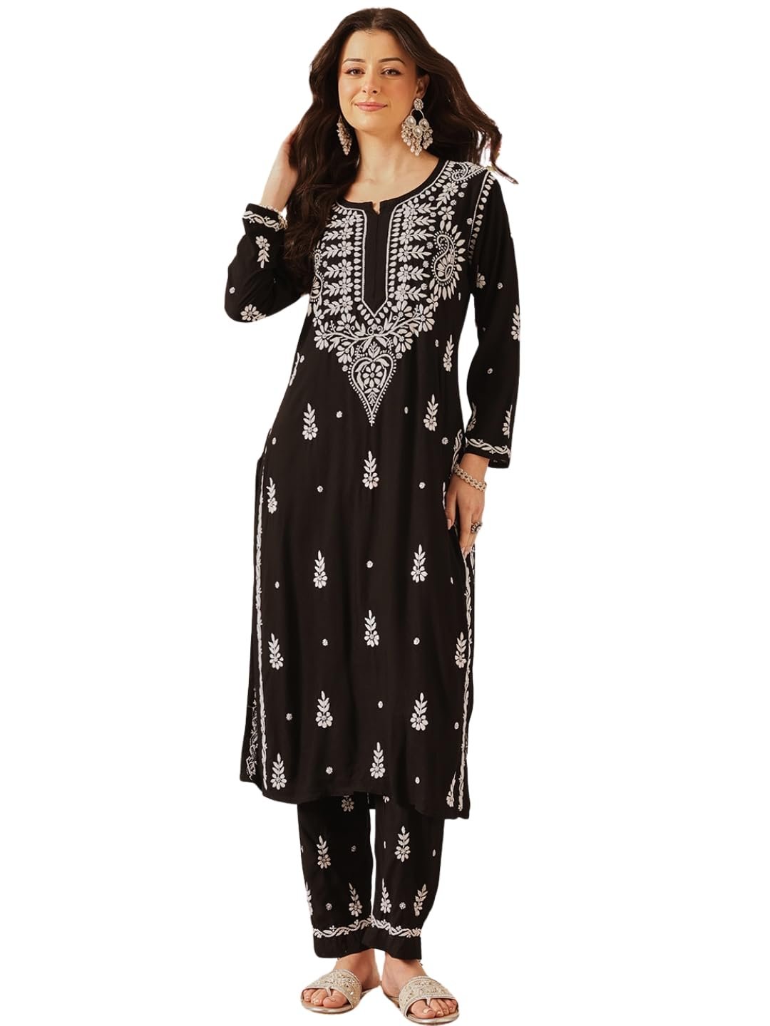 Ada Hand Embroidered Lucknowi Chikankari Rayon Kurta Set for Women A811376 | Womens Handcrafted lucknow chikan embroidery kurti co ord set with palazzo pant for party and office work wear