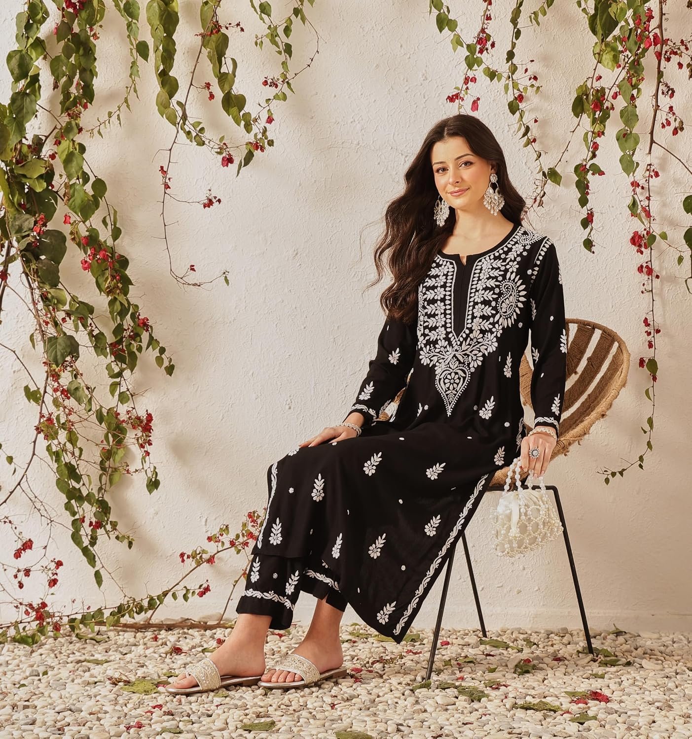 Ada Hand Embroidered Lucknowi Chikankari Rayon Kurta Set for Women A811376 | Womens Handcrafted lucknow chikan embroidery kurti co ord set with palazzo pant for party and office work wear - Image 7