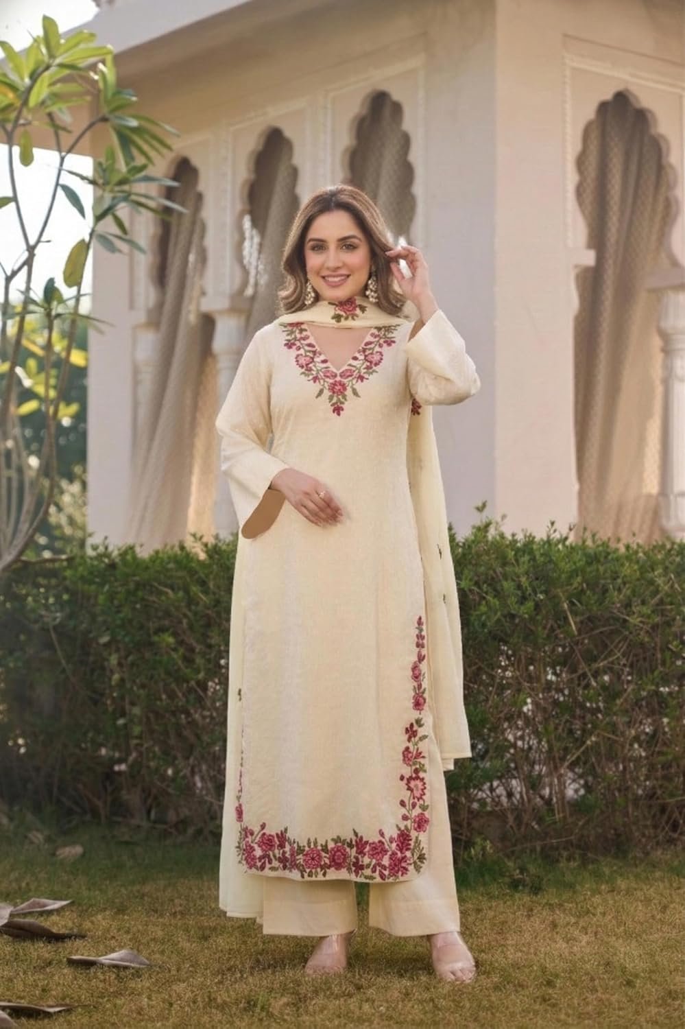 ANNI Designer Kurta Sets for Women Viscose Blend Embroidered | Kurta Palazzo Dupatta Set | Designer Kurti Set for Women | V Neck Full Sleeve Ethnic Suit | Indian Kurta Outfit with Palazzo Pants - Image 3
