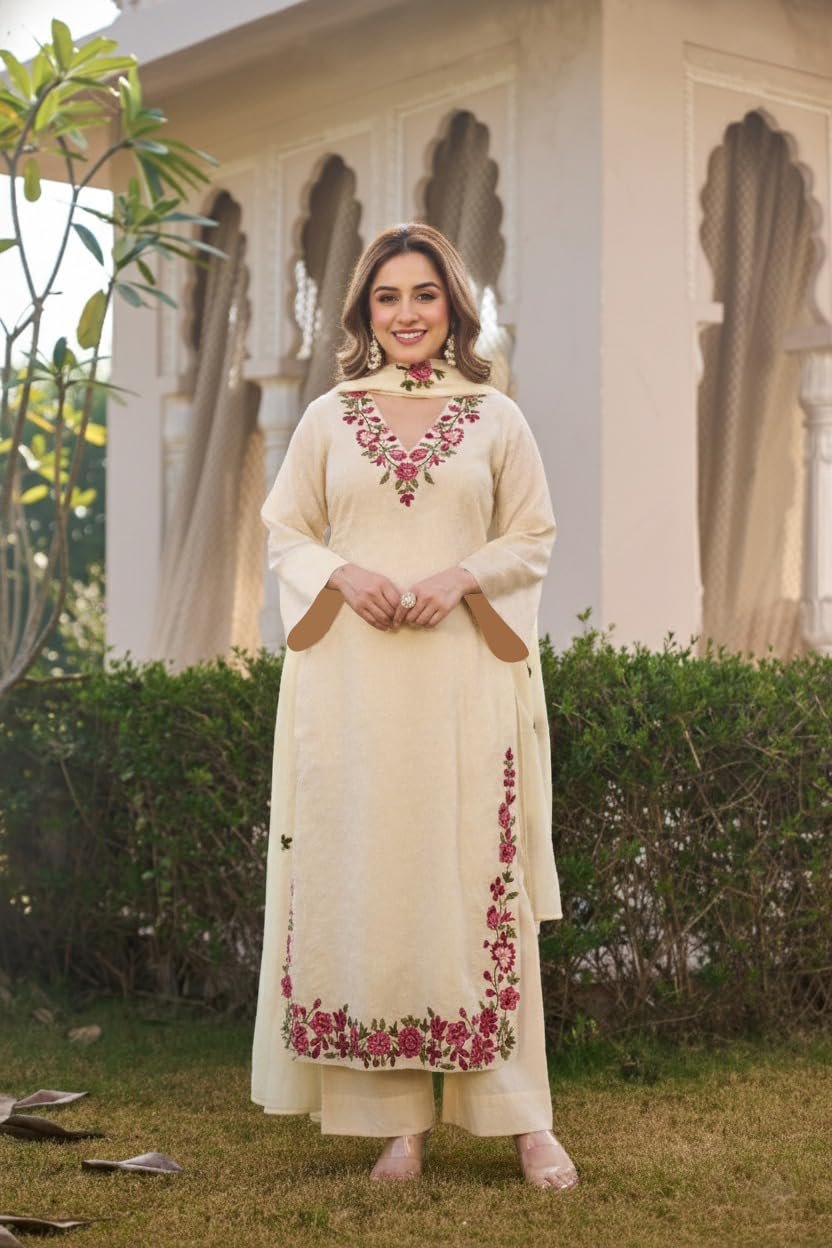 ANNI Designer Kurta Sets for Women Viscose Blend Embroidered | Kurta Palazzo Dupatta Set | Designer Kurti Set for Women | V Neck Full Sleeve Ethnic Suit | Indian Kurta Outfit with Palazzo Pants - Image 4
