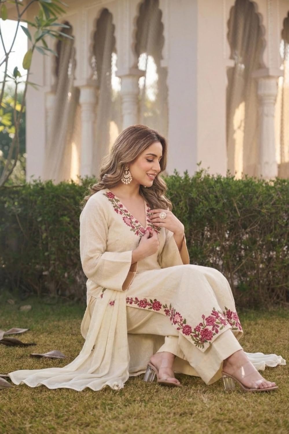 ANNI Designer Kurta Sets for Women Viscose Blend Embroidered | Kurta Palazzo Dupatta Set | Designer Kurti Set for Women | V Neck Full Sleeve Ethnic Suit | Indian Kurta Outfit with Palazzo Pants - Image 5