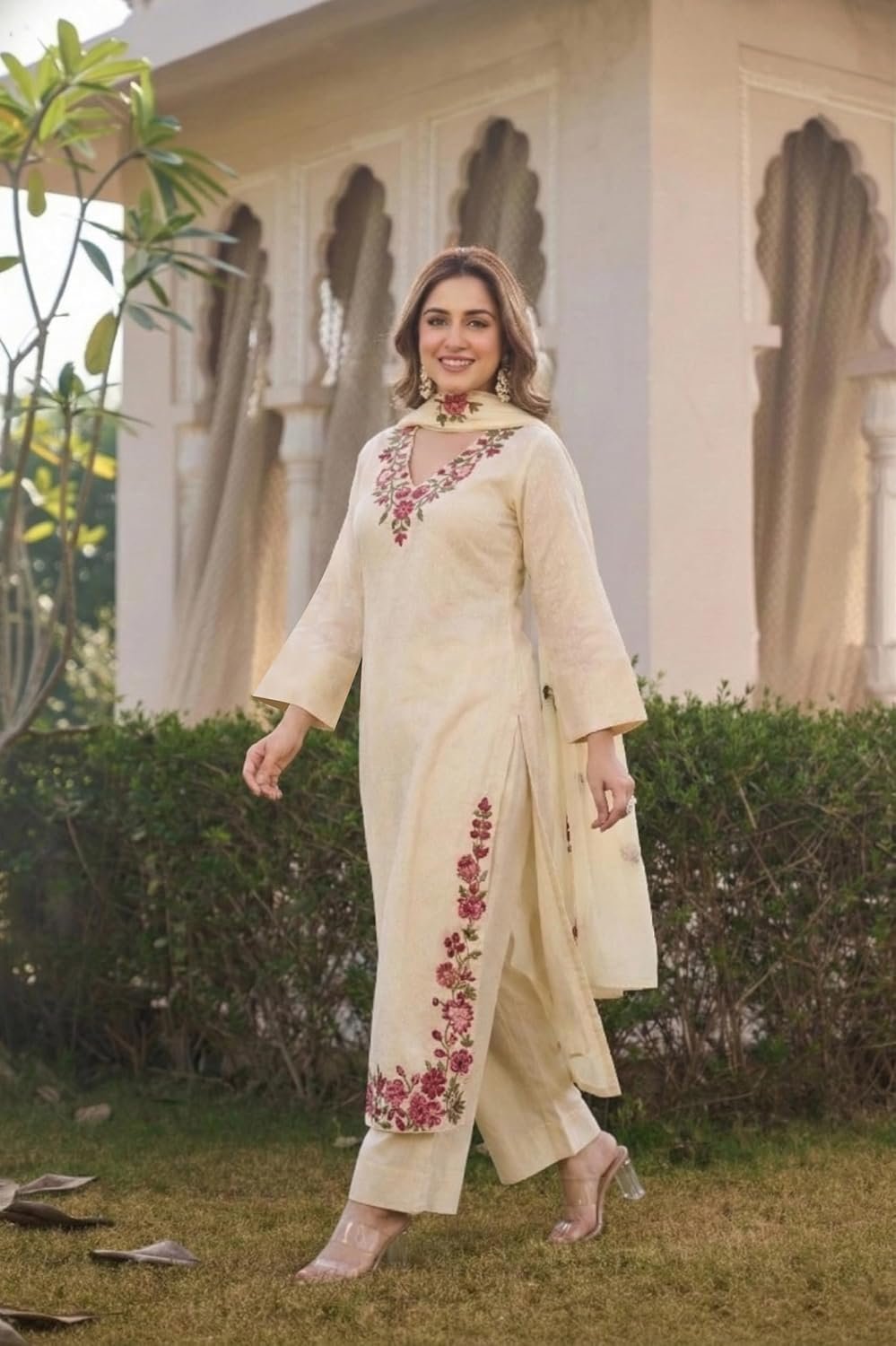 ANNI Designer Kurta Sets for Women Viscose Blend Embroidered | Kurta Palazzo Dupatta Set | Designer Kurti Set for Women | V Neck Full Sleeve Ethnic Suit | Indian Kurta Outfit with Palazzo Pants - Image 6