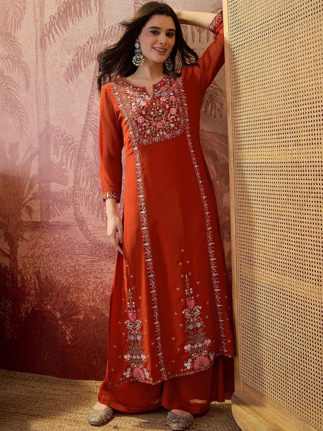Embroidered Round Neck Kurta & Palazzos
